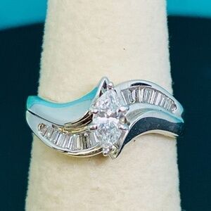 Natural Marquise Solitaire Baguette Accent 14k yellow gold ring